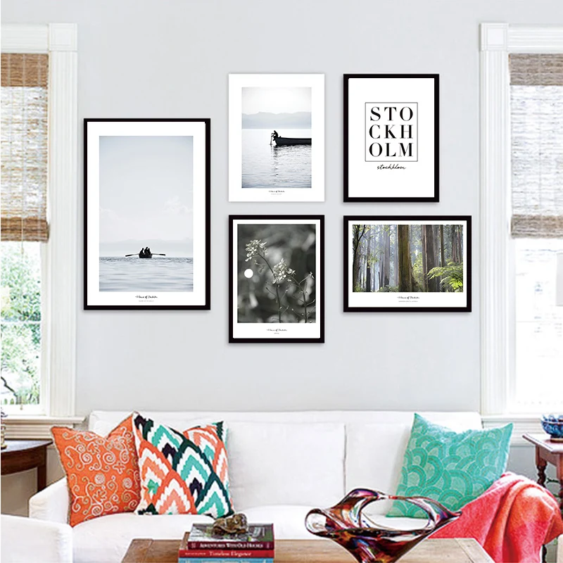 Скандинавские принты зеленое лесное дерево и озеро настенные картины для