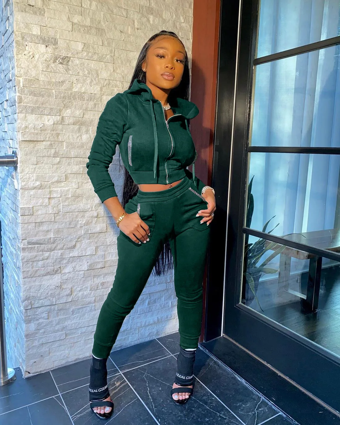 

Hot Drill sweat suits women matching sets Fall 2020 sweatpants and hoodie two piece outfits Black green orange blue tracksuit