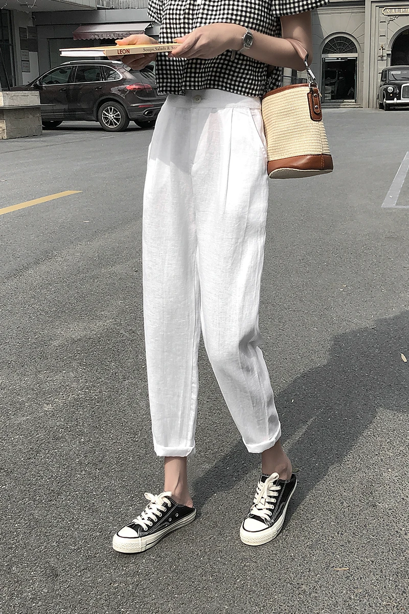 

Female Cotton Linen Harem Pants Loose Linen Casual Pants 2021 Summer High Waist Slimming White Pants for Women