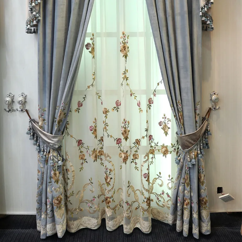 

European-Style Italian Flannel Embroidered Curtain Finished Simple Modern Luxury Living Room Floor-to-Ceiling Window Shading