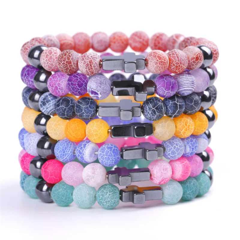 

Trendy Jesus Cross Charm Weathered Stone Men Yoga Bracelet Color Stone Beads Bracelets Bangles for Women Rosary Jewelry