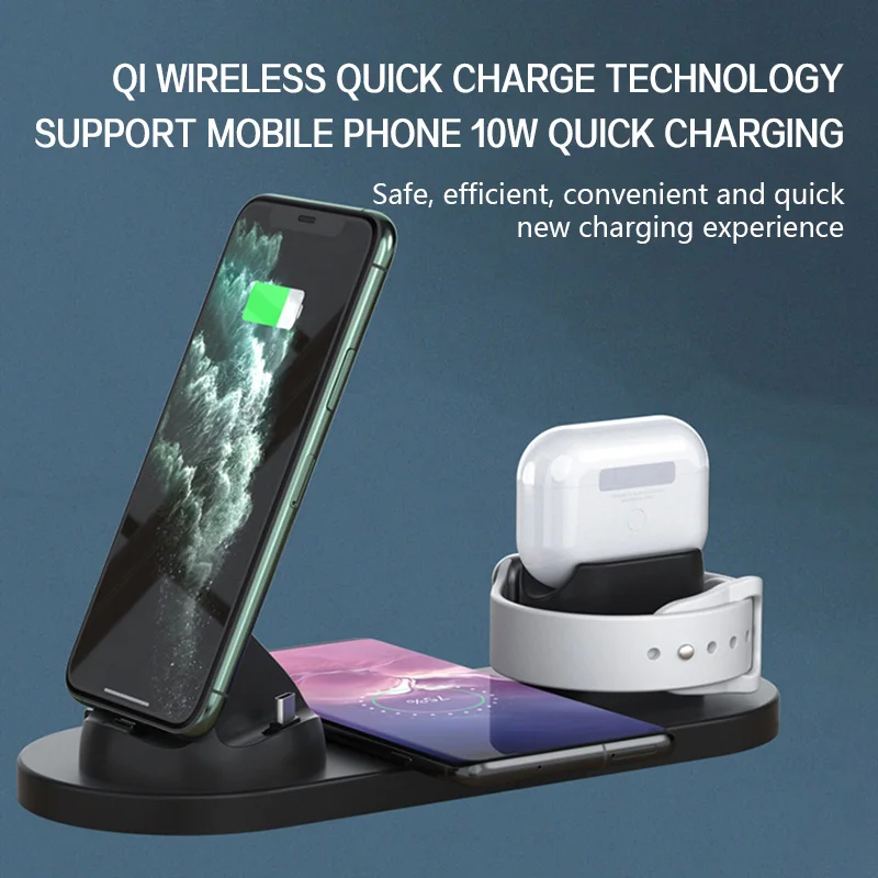 10w qi wireless charger station 6 in 1 for iphone airpods micro usb type c stand phone chargers for apple watch airpods charging free global shipping