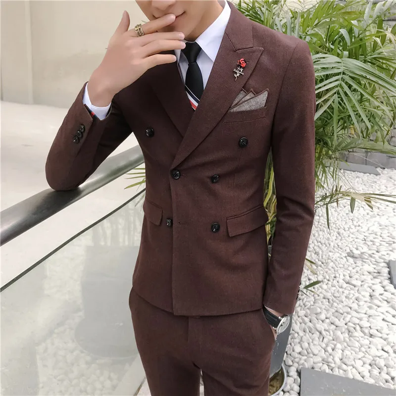 

( Jackets + Vest + Pants ) Mens Fashion Solid Color Double-breasted Wedding Dress Suit Three-piece Suit Male Business Suit