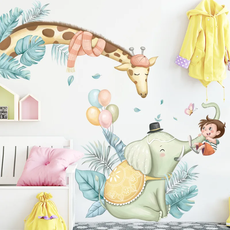 

Cartoon Animal Wall Stickers наклейки for Children's Room Decoration Background Giraffe Elephant Self-adhesive Decals Home Decor
