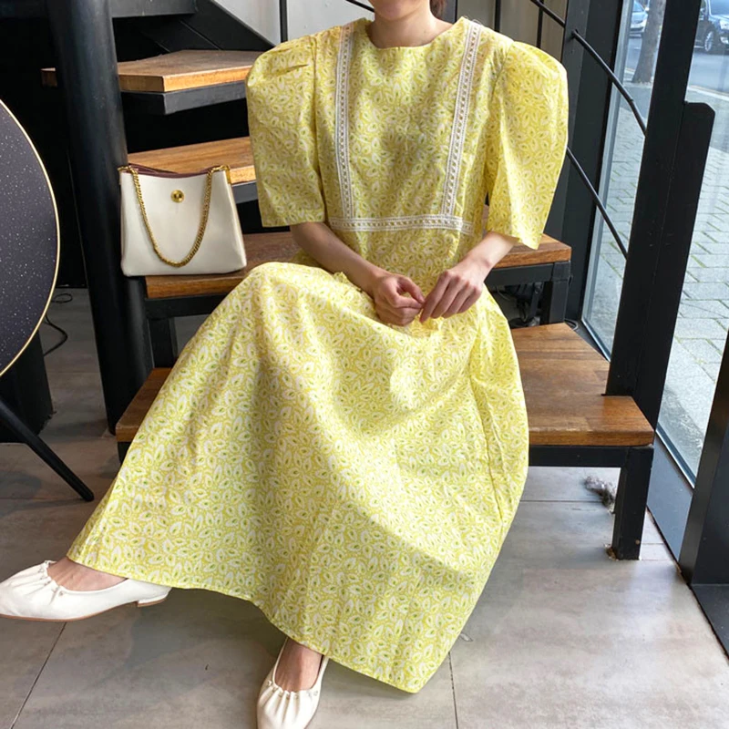 Женское длинное платье с рукавами пузырьками [EWQ] элегантное свободное круглым