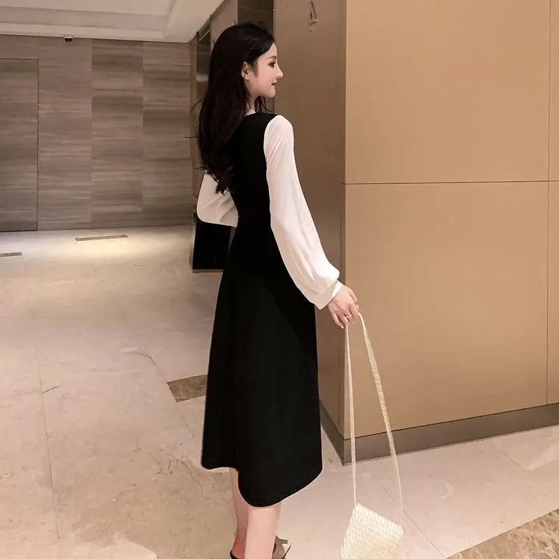 

Women 2021 Autumn Fashion Retro Square Collar Loose Dress Female Long Sleeve Patchwork Vestido Ladies Button A-Line Dresses D760