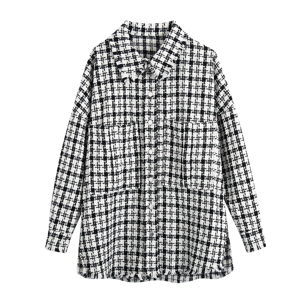 

Jackets Women 2021 Frayed Trim Tweed Oversized Shirt Jacket Lapel Long Sleeve Checked Button Up Overshirt Streetwear Shacket