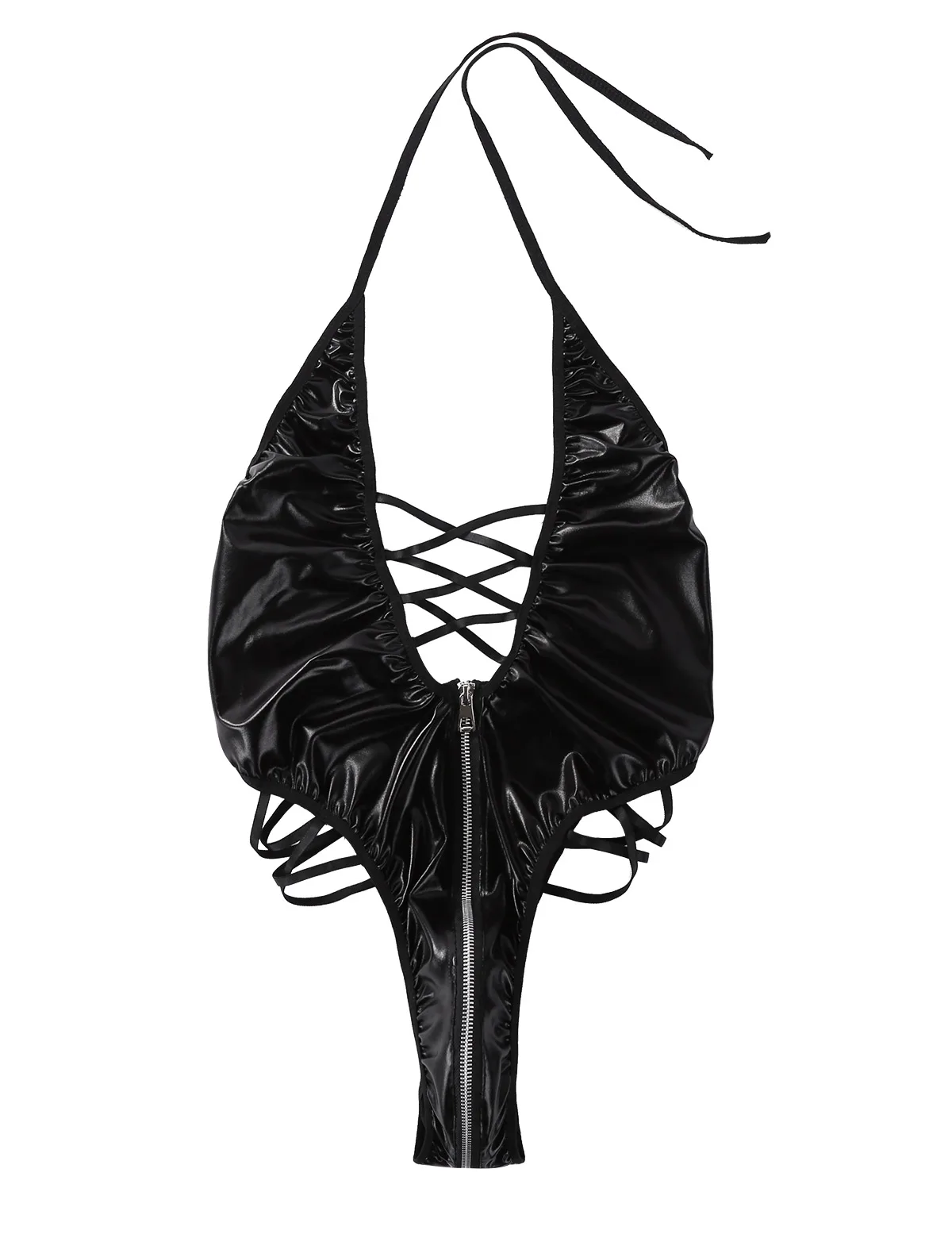 

Womens Wetlook Clubwear Faux Leather Lingerie Bodycon for Cocktail Party Backless Lace-up Skin-Tight Leotard Bodysuit Nightwear