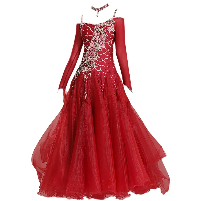 

2021 New Shiny Rhinestone Long Sleeve Modern Ballroom Dance Dress Female Red/Blue Big Swing Waltz Stage Performance Costumes