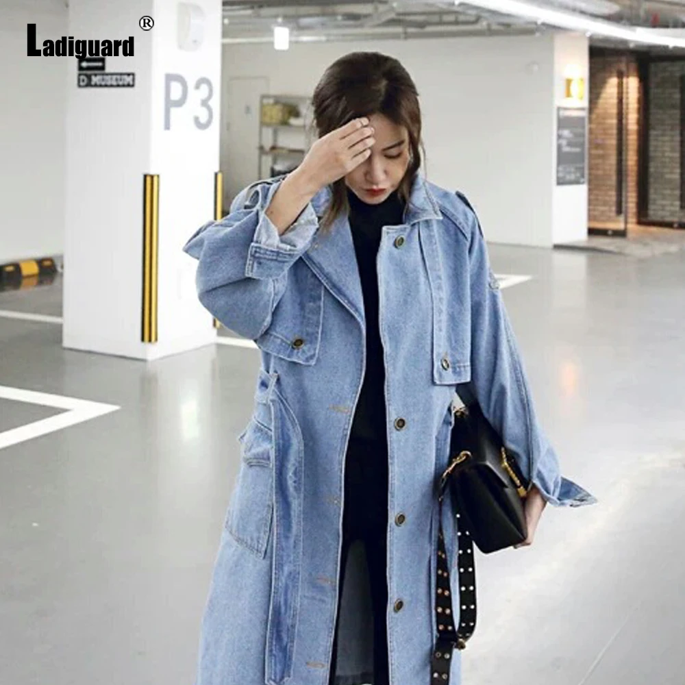 

Ladiguard 2021 Single Breasted Denim Jacket Lapel Stand Collar Loose Top Outerwear Ladies Patchwork Sashes Long Demin Jackets