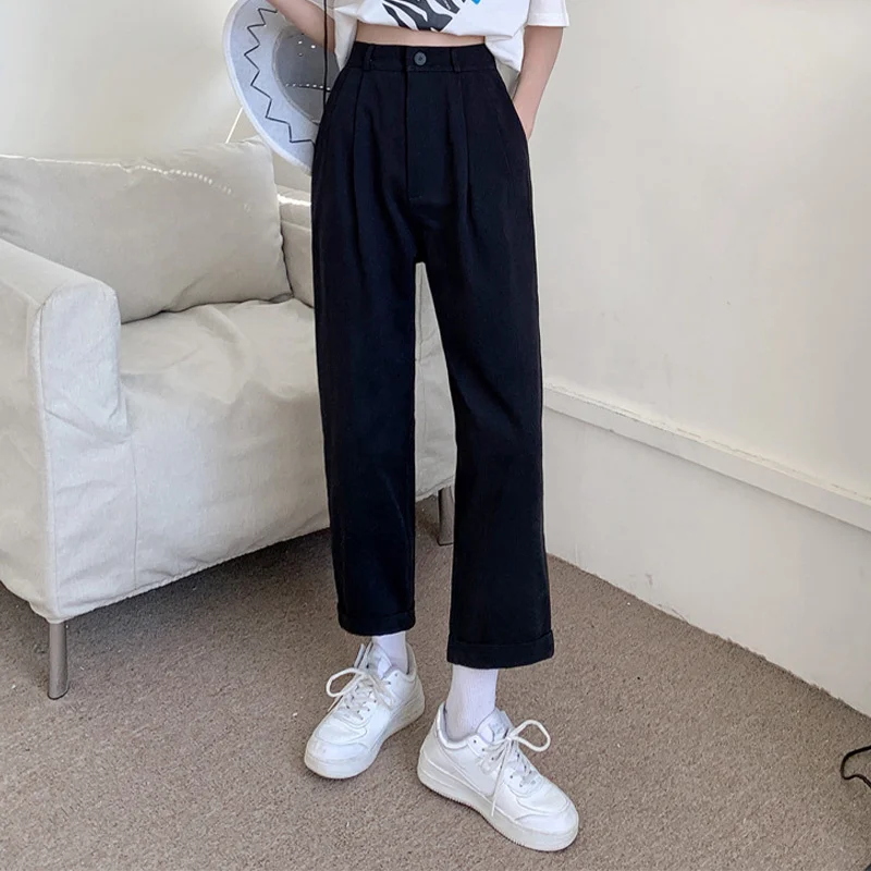 

Women Suit Pants Solid Straight Loose Trousers 2021 Female All-match Simple Nine Points Trousers Korean Style High Waist Pants