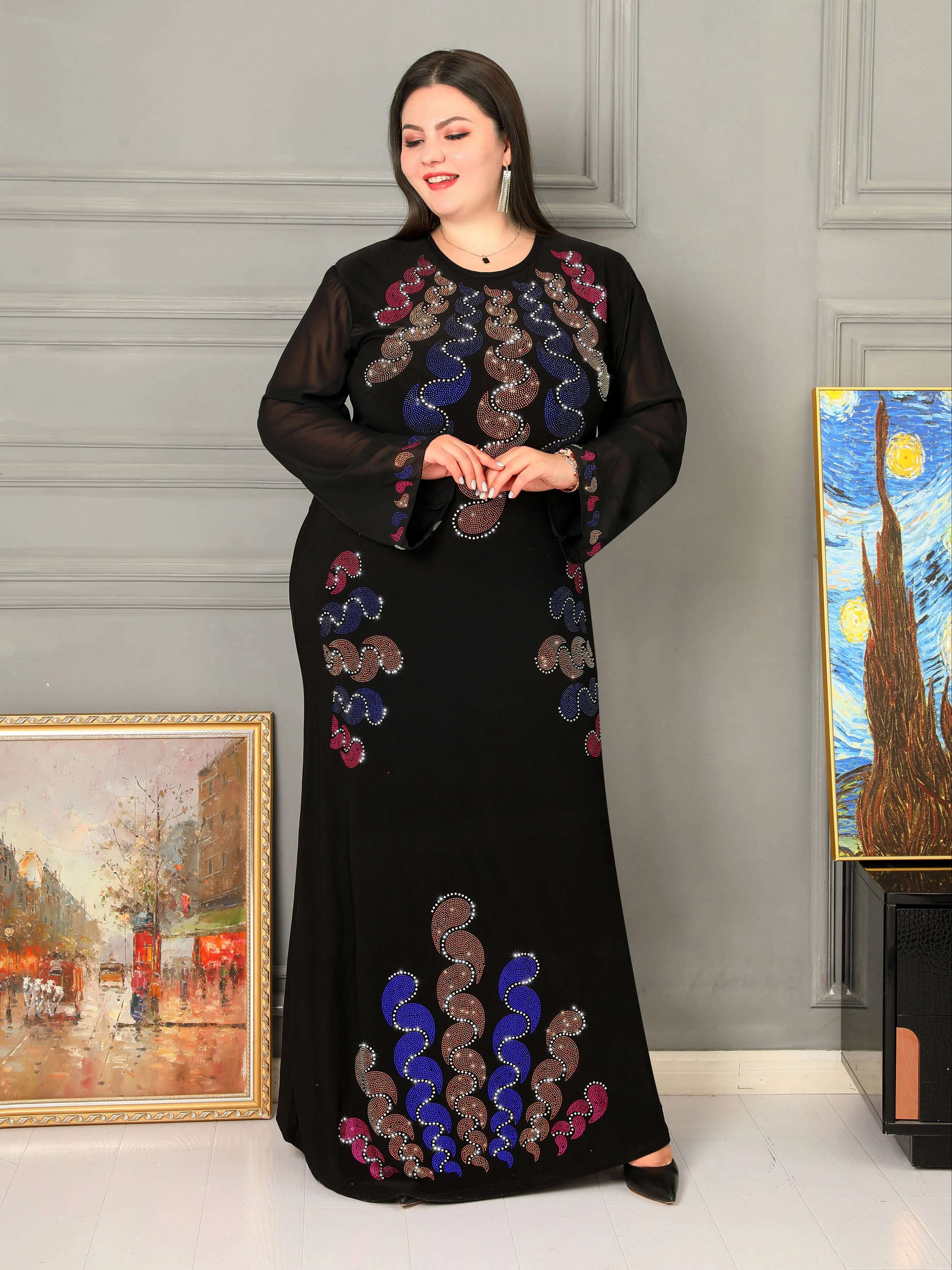 

Ramadan Abayas for women dubai 2022 African Turkey Muslim Long sleeve Black Shiny Plus size Dress vestidos mujer Evening dresses