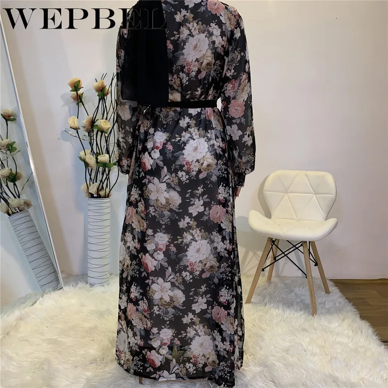 

WEPBEL Dubai Women Flower Print Cardigan Chiffon Dress Muslim Islamic Open Front Kaftan Abaya Gown