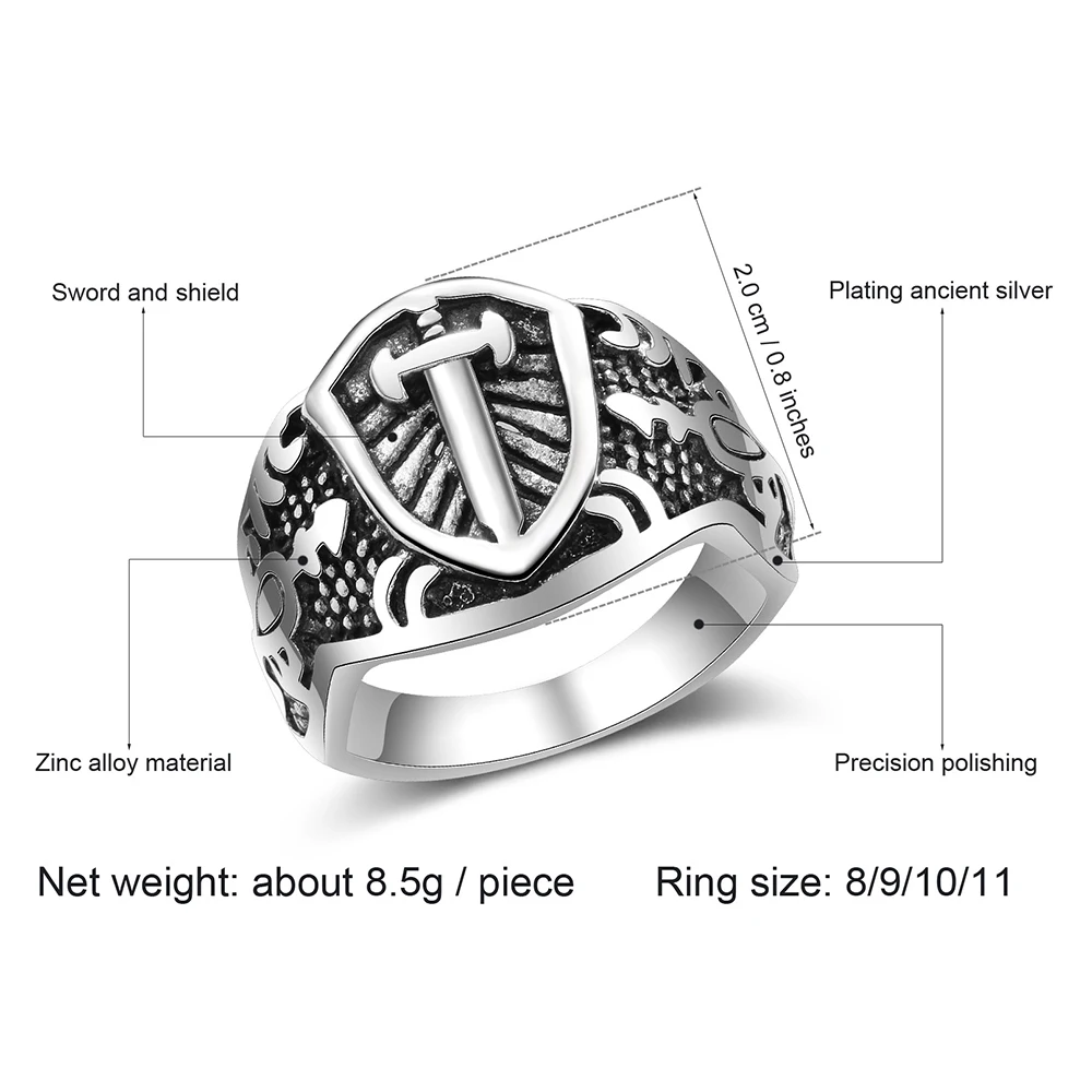 Винтажный Рыцарь Меч Щит серебряного цвета кольца для мужчин панк античный Signet