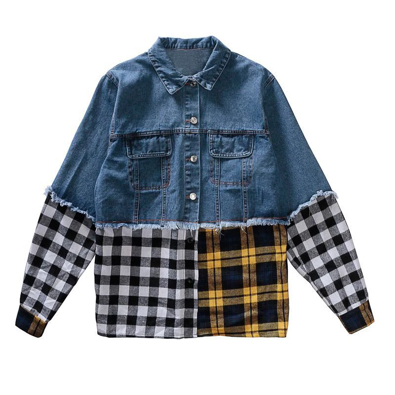 

VGH Patchwork Plaid Denim Coat For Women Lapel Long Sleeve Hit Color Casual Loose Basic Coats Female Fashion New Clothing Autumn