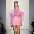 2020 модный розовый тюлевый укороченный топ, шикарная женская блузка с оборками и длинным рукавом, рубашка, индивидуальный пошив, любой цвет, топ для девочек, одежда для вечеринок
