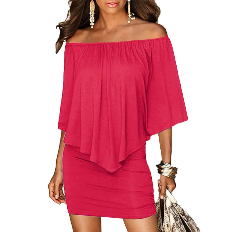 Women Red Off Shoulder Dress Sexy Slash Neck bodycon Beach Slim Mini Casual Ruffles Party Vestidos | Женская одежда