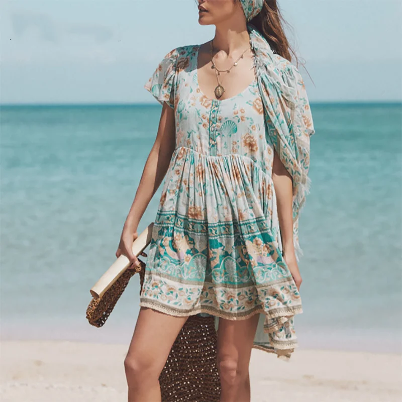 Женское мини платье с цветочным принтом желтое/синее ТРАПЕЦИЕВИДНОЕ ПЛАТЬЕ в