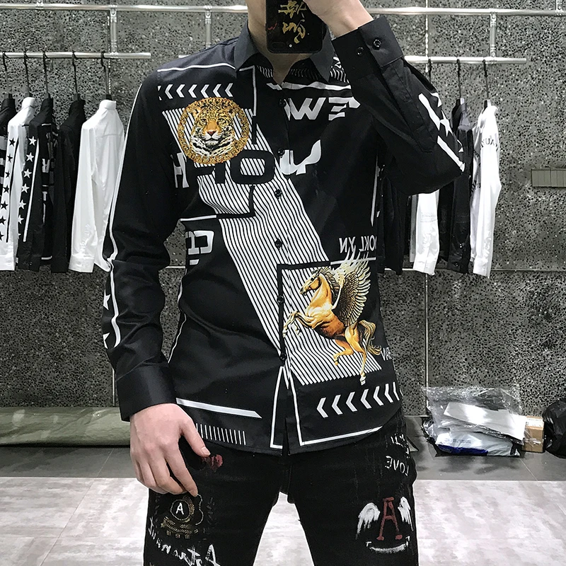 

2021Luxury Tiger Print Men Shirts Long Sleeve Slim Fit Shirt Casual Business Dress Shirts Streetwear Social Shirts Chemise Homme