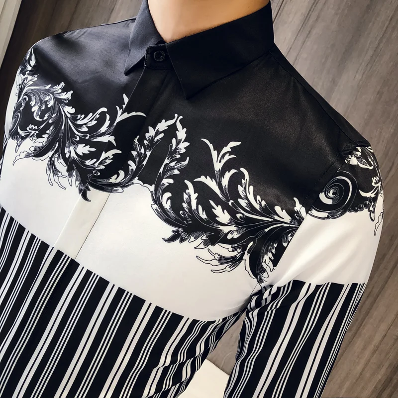 Рубашка в полоску с цветочным принтом Корейская одежда мужская модельная