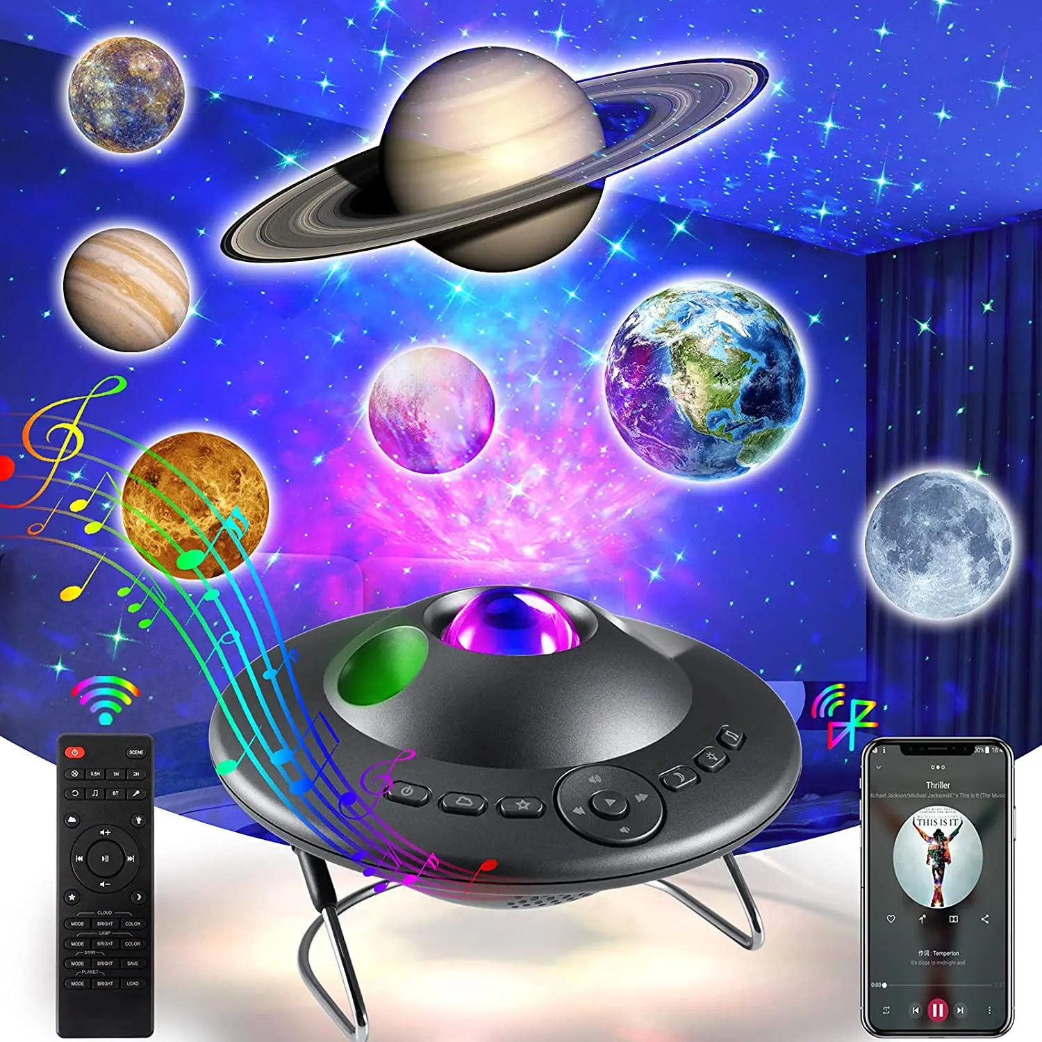 Colorful Starry Sky Projector LED Star Galaxy Night Light UFO Planet Bluetooth-Speaker For Bedroom Game Room  With White Noise