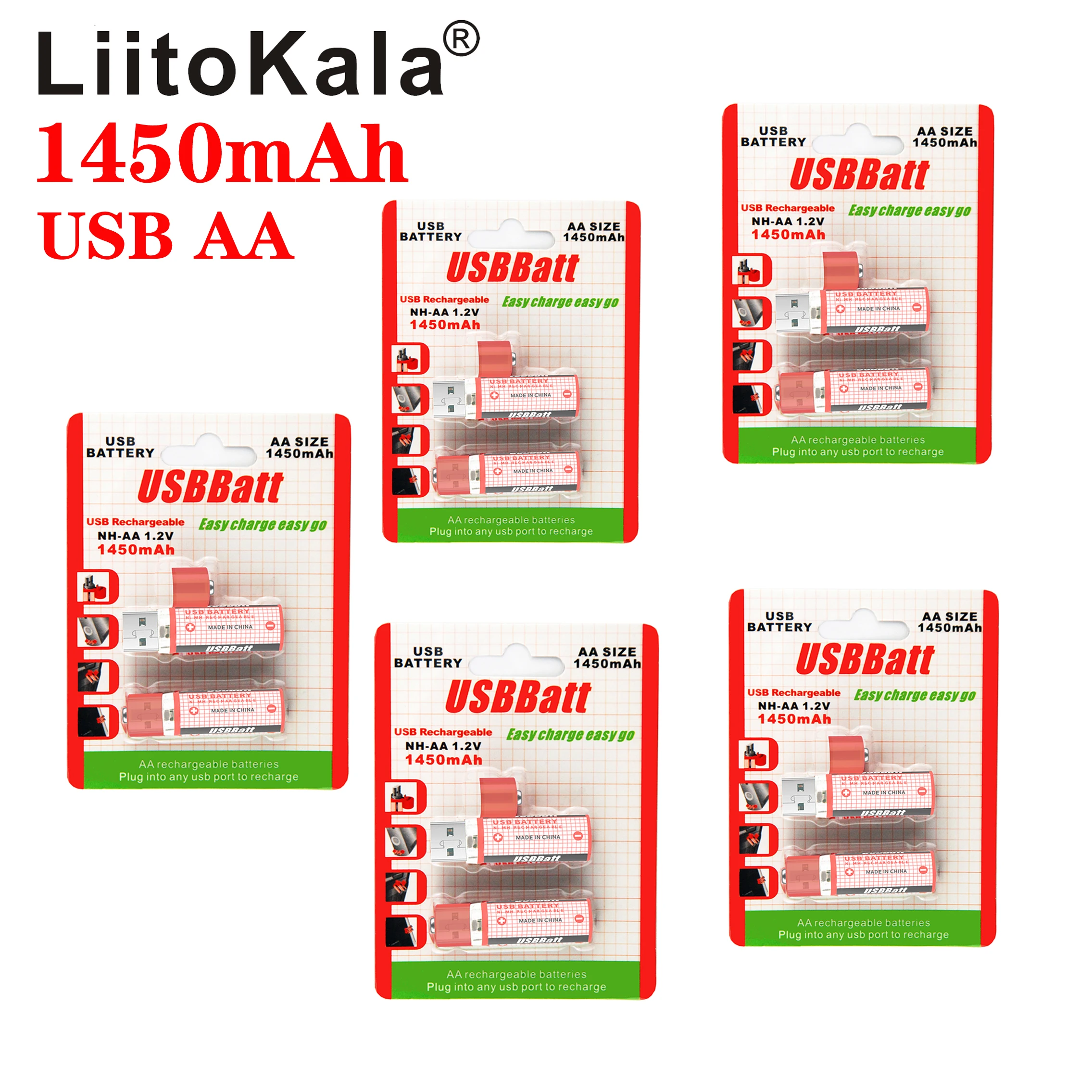 

10pcs/lot LiitoKala Portable AA Battery 1450mAh 1.2v USB Rechargeable Batteries USB CELL AA Rechargable Battery LED Indicator