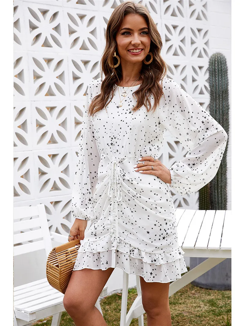 

2020 Autumn Dress Women Fashion Five-Pointed Star O-Neck Long Sleeve Dress Elegant Office Lady Slim Casual Vestidos Robe Femme