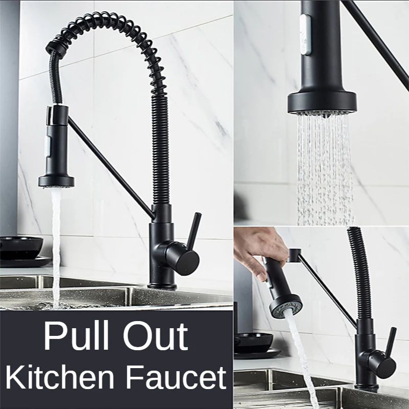 

Brass Deck Mounted Kitchen Faucets Pull Out Mixer Sink Tap Black Hot Cold Spring Style Spray 360 Rotation Single Handle Shower