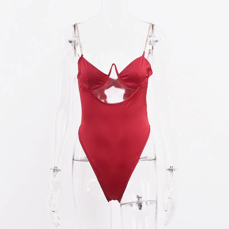 

Fashion Women Jumpsuit Solid Color Breast Hollowed-out Chain Shoulder Straps and Body Clothes Red Black Orange Sexy Bodysuit