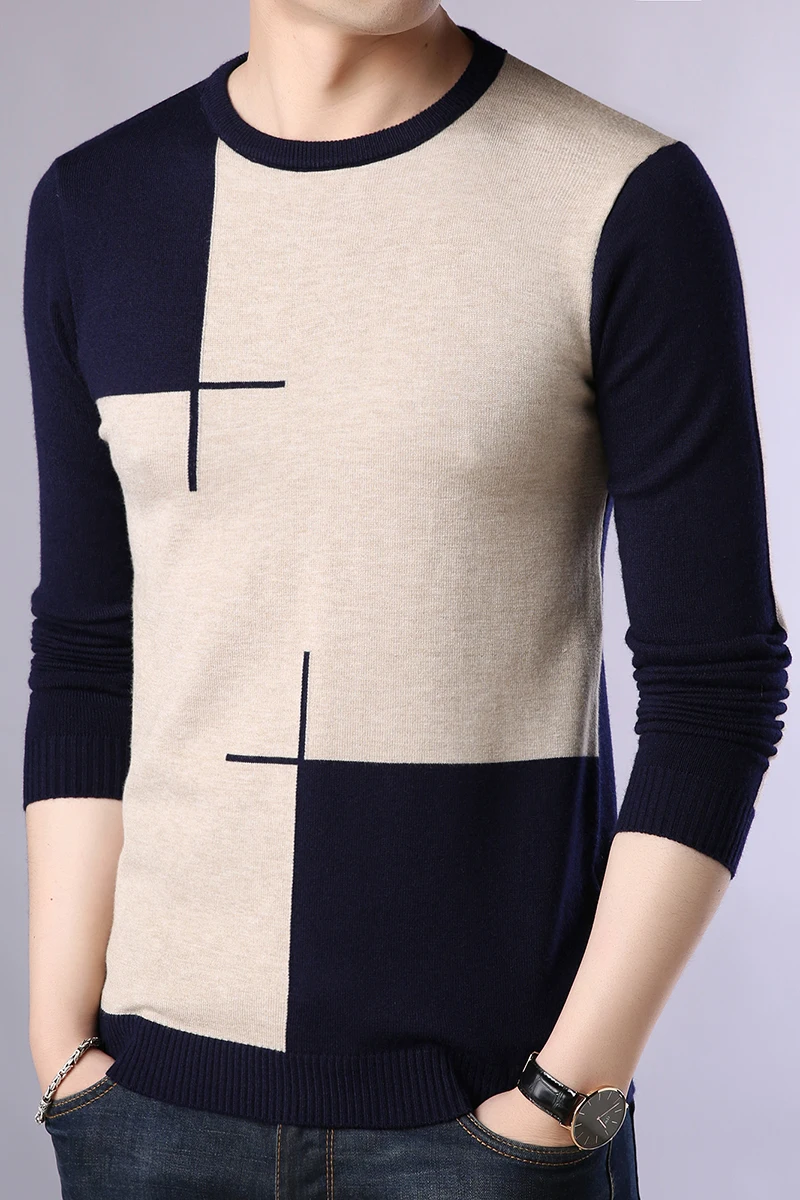 Мужской Повседневный свитер облегающий пуловер в стиле пэчворк с круглым