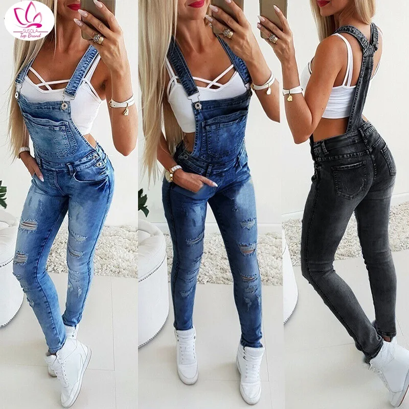 

2021 Women's Fashion Pocket Decor Ripped Denim Bib Casual Overalls One Piece Skinny Leg Distressed Jeans Jumpsuits Autumn Wear