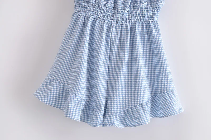 Летний женский клетчатый комбинезон с деревянными ушками |