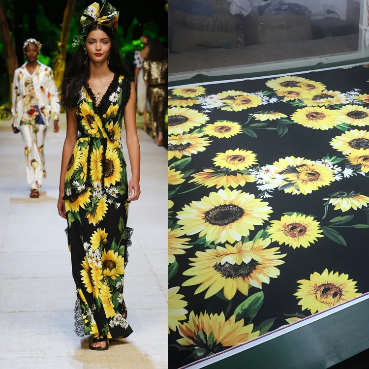 

Summer fashion brand polyester sewing skirt fabric imitation silk satin designer printed fabric sunflower pattern cloth