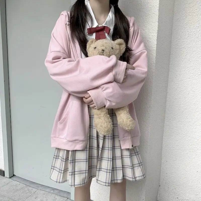 

Pink Zipper Hoodies Sweatshirt Gothic Oversized Hoodie Korean Clothes For Women 2022 Autumn Thin Tops Long Sleeve Sweater Preppy