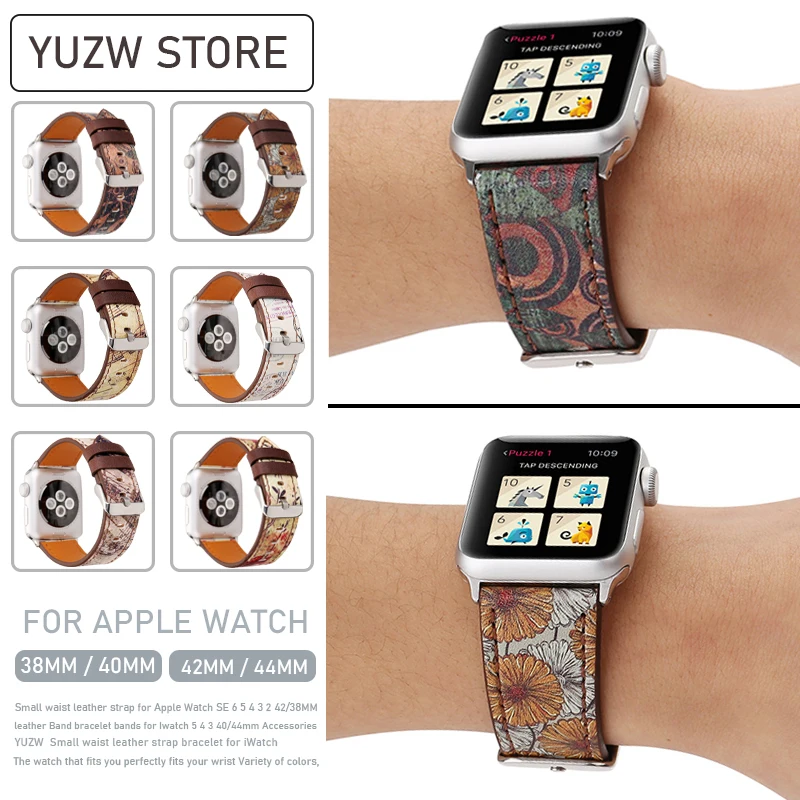 

Loop Strap for Apple Watch Band 38/42mm iWatch Vintage flowers leather bracelet bands for Apple watch series 6/SE/5/4/3 44/40mm