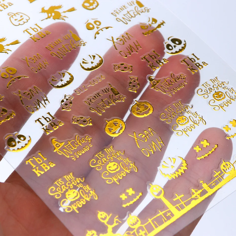 

3D Floating Gold Halloween Nail Art Sticker Gold Black Spider Ghost Eye Design Watermark Nail Art Professional Supplies Tools