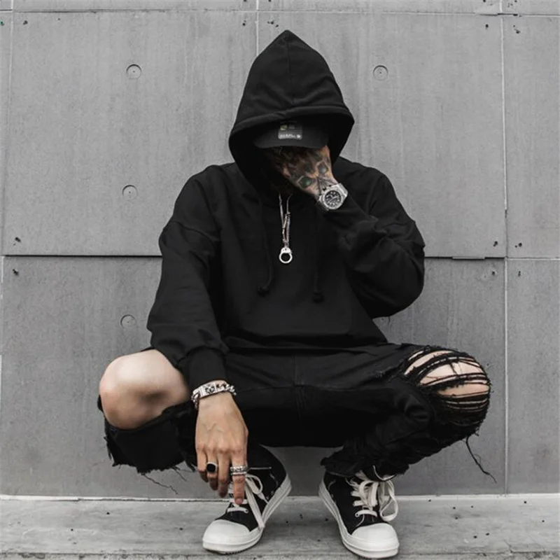 Длинная футболка в стиле хип-хоп панк-рок с капюшоном | Мужская одежда