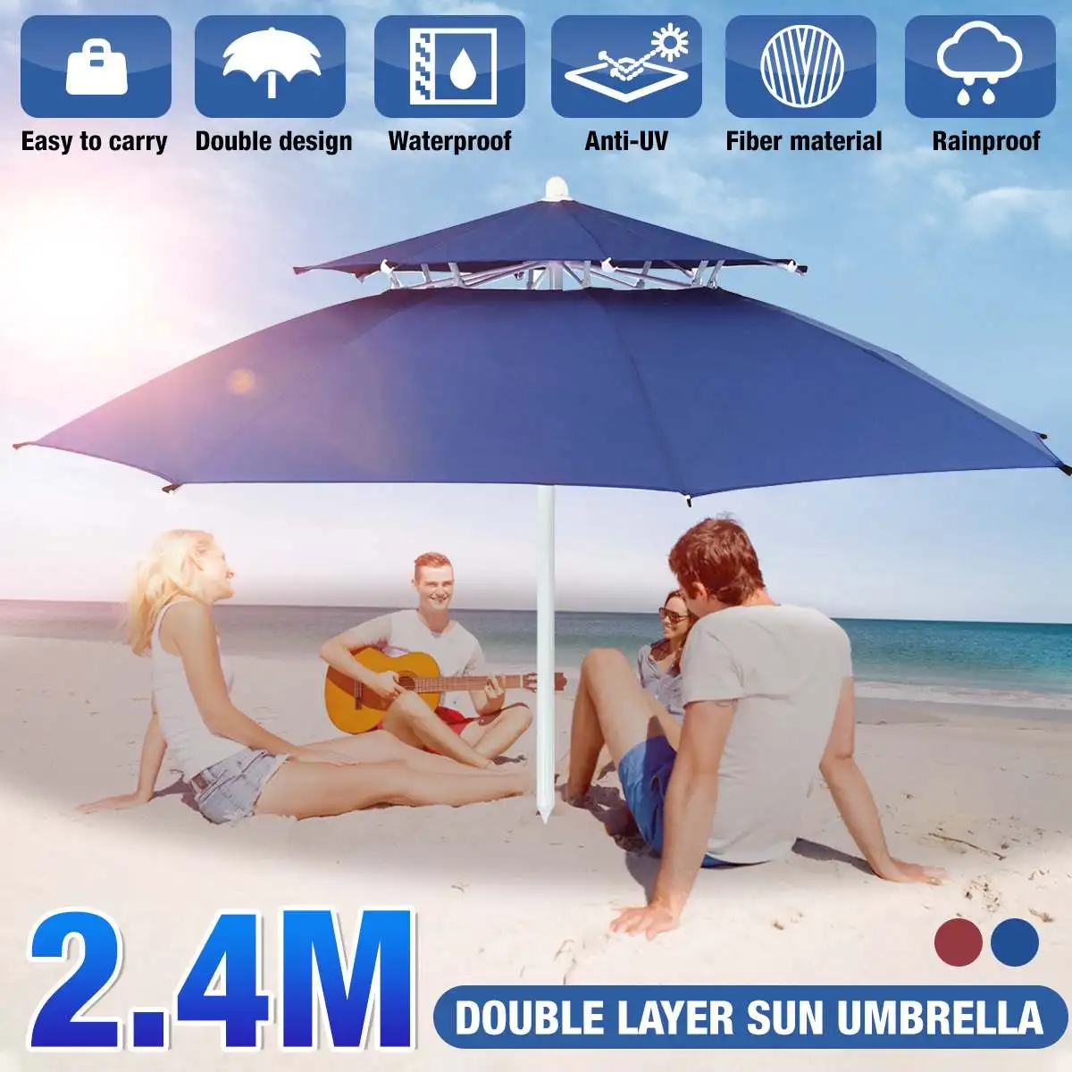 Двухслойный пляжный навес 2 4 м x 8 мм Солнцезащитный зонт для рыбалки кемпинга