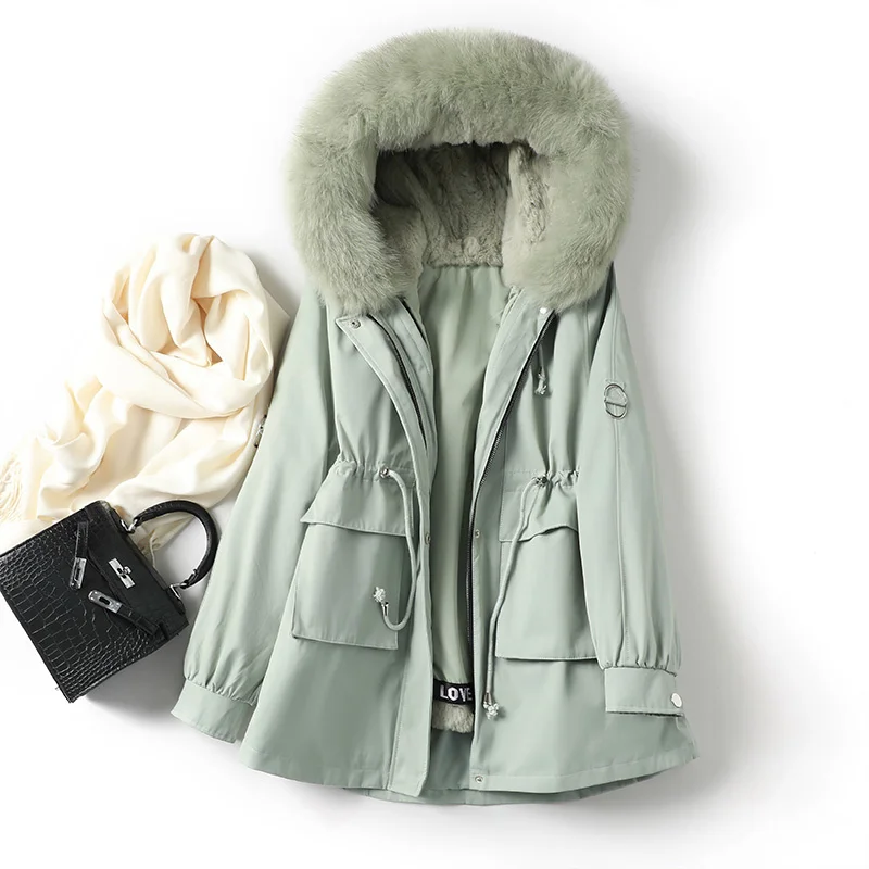 

2020 Winter Women's Fur Coat Waist Closing Parka Fox Fur Hooded Long Sleeve Rex Rabbit Inner Liner Thickened Jacket