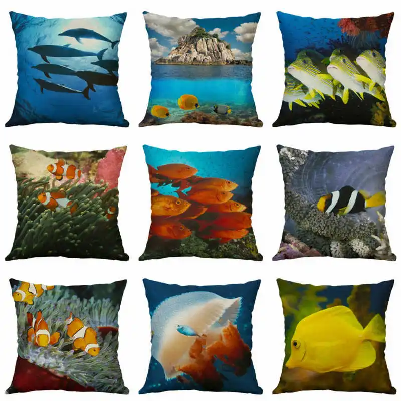 Морская наволочка для подушки декоративная с животными домашняя льняная дивана