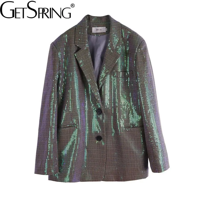 

GETSPRING Women Blazer Sequins Spliced Retro Plaid Blazers And Jackets All Match Casual Long Oversized Coats 2021 New Fashion