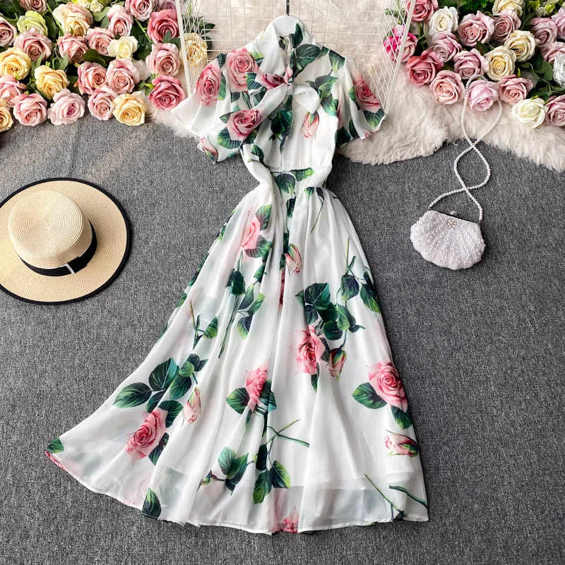 

Модное шифоновое платье с принтом роз, пикантное банкетное платье в стиле ретро с длинным рукавом, женские платья с широкой юбкой zomer jurkjes dames...