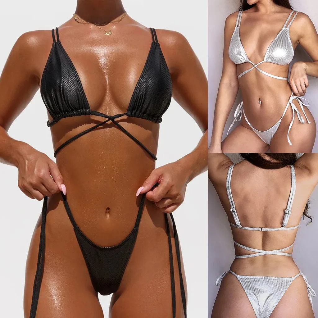 Женский купальник из двух частей новинка 2020 однотонный кожаный бандажный с