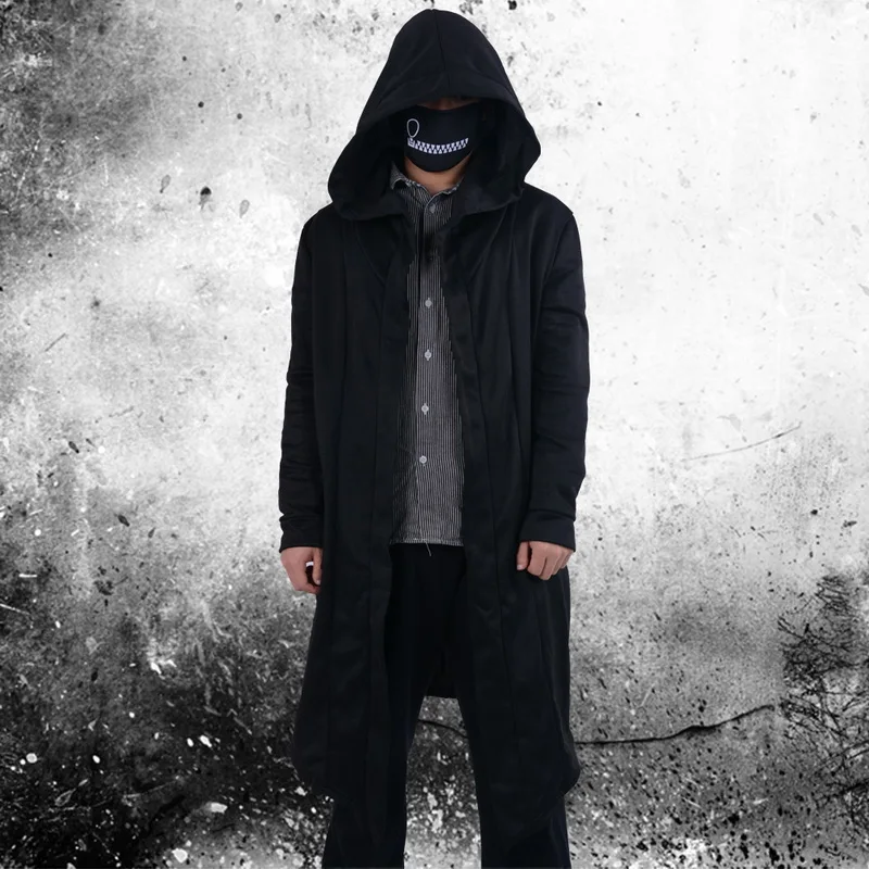 

2020 Black Men Hooded Sweatshirts Hip Mantle Long Hoodies Cardigan Fashion long Sleeves Cloak Jackets Coats Outwear Hip
