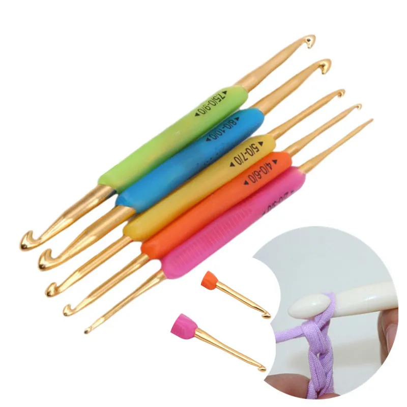 

5PCs/Set Brand Silicone Handle Gold Double Aluminum Crochet Hooks Weave Knitting Crochet Needles Barber Random Colors Sew Tools