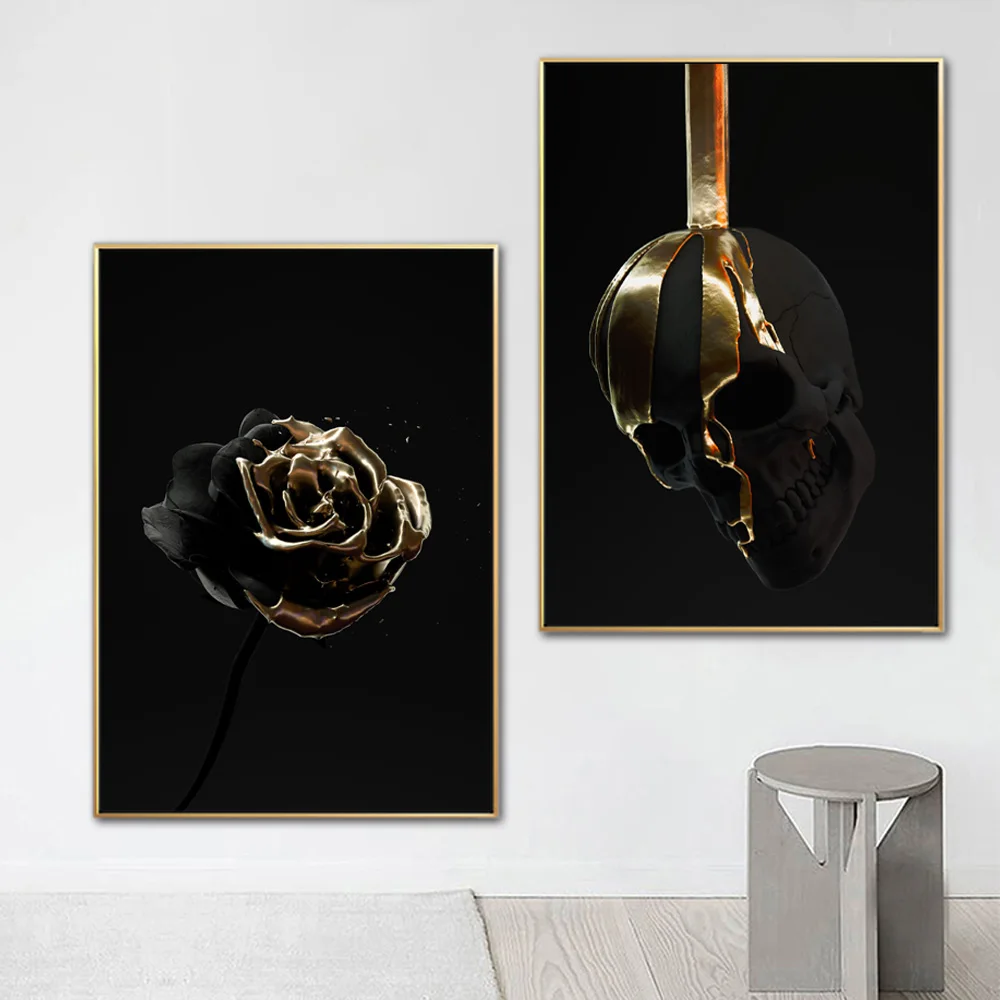 Черный и золотой цветок череп Картина на холсте настенное искусство Постер