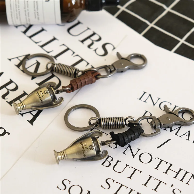 

Exquisite Football Championship Trophy Keychain European Delaunay Cup Leather Braided Rope Metal Nameplate Keyring