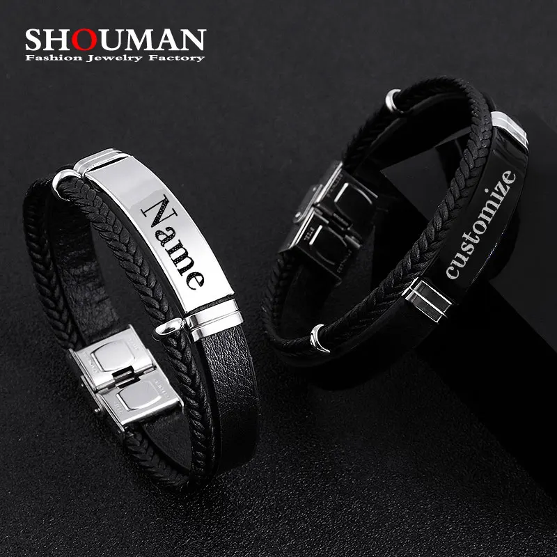 Браслет мужской кожаный многослойный черный из нержавеющей стали | Украшения и