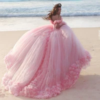 new puffy ball gown wedding dresses princess cinderella pink party gowns off shoulder 3d flowers vestidos de 15 anos bridal gown