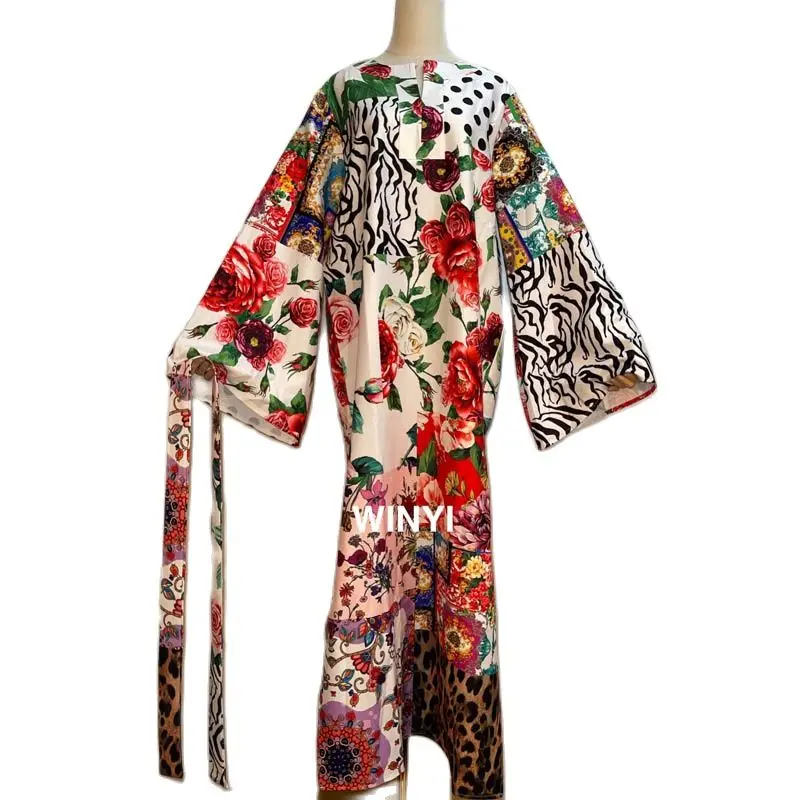 

2021 Floor Length Silk Dress Women Knit Elastic Bohemian Print Elegant Leaves Over Size Loose New Autumn Fashion
